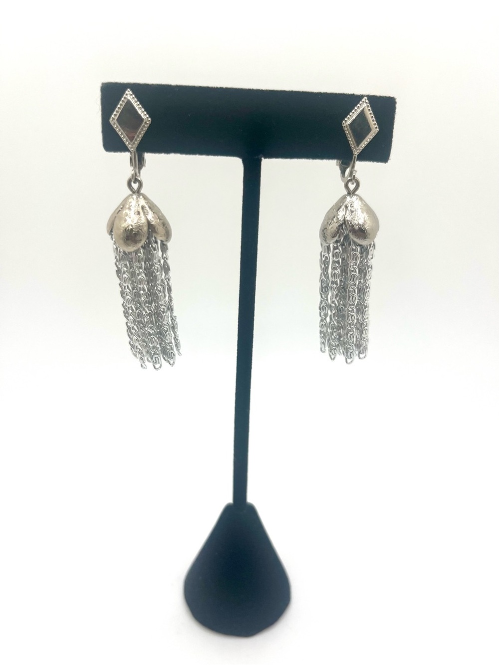 Vintage Sarah Coventry Tassel Clip On Earrings Silver Tone Fringe Dangle